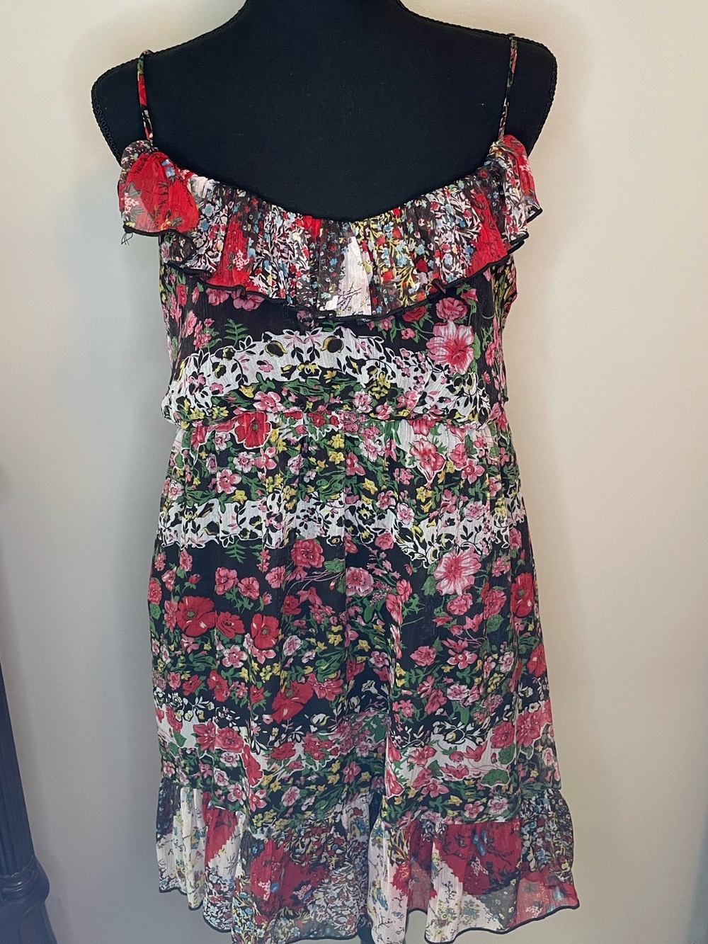 Forever 21 Black Floral Ruffle Mini Dress with Red & Pink Flowers